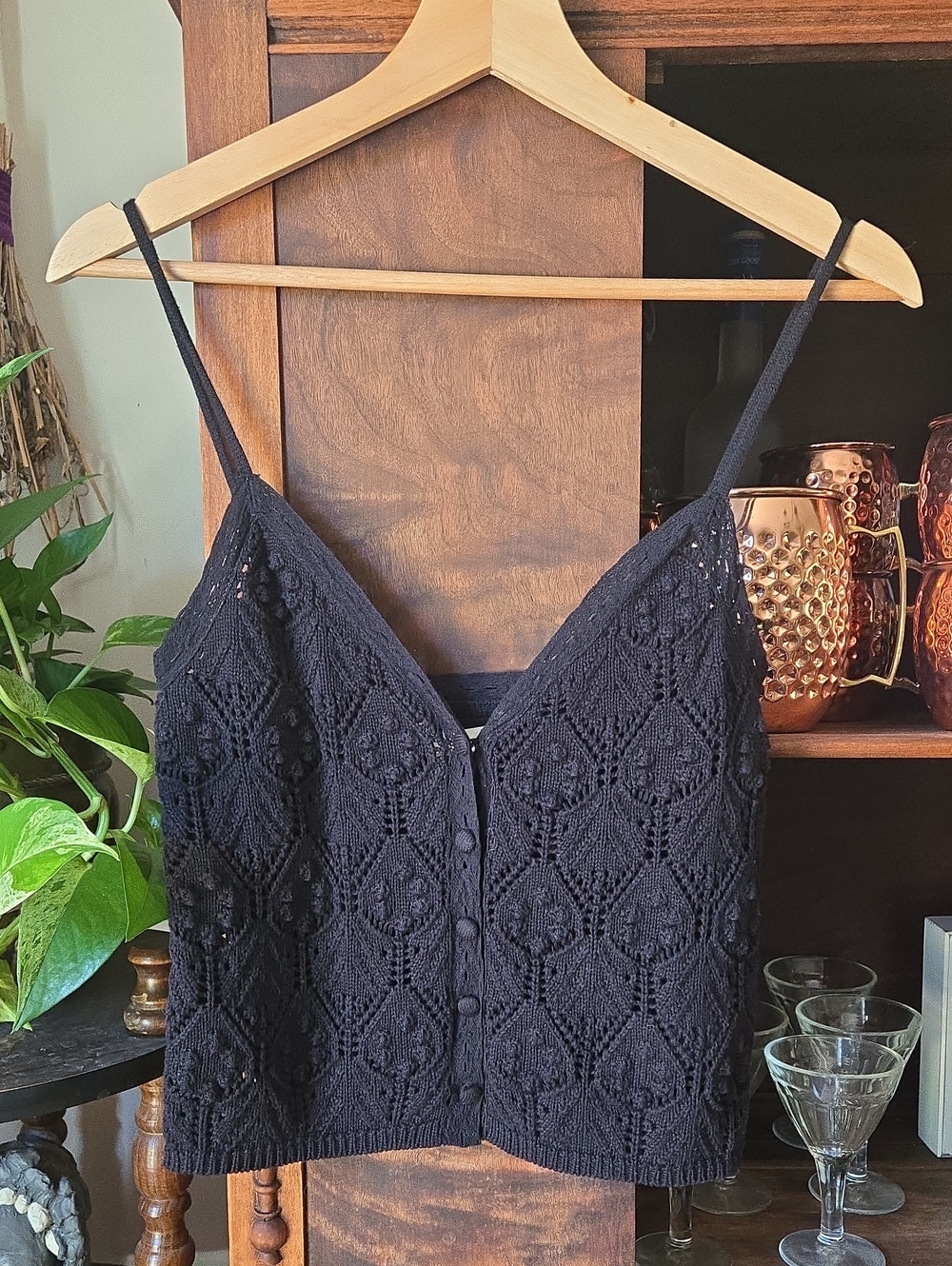 AEROPOSTALE Black Crocheted Knit Button Front Boxy Tank Top, XS
